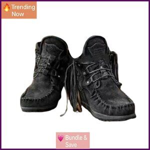 Vintage Fringed Ankle Boots, Lightweight Suede, Round Toe, 3cm Heel